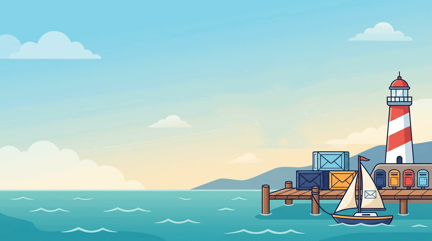 A flat illustrated harbour: a lighthouse, a pier lined with post boxes and envelope crates, and a sailboat on a teal sea.