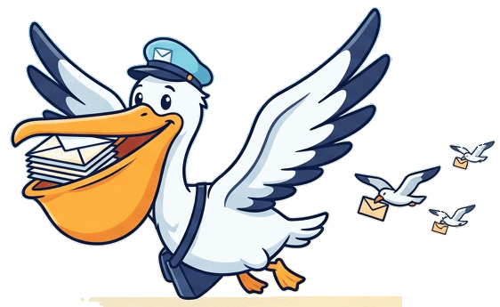 A pelican in a postal cap flies toward the lighthouse with a pouch full of envelopes, gulls carrying letters behind it.