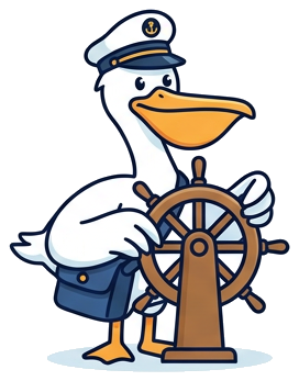 The pelican in a captain's hat at a ship's wheel.