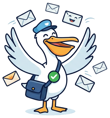 The pelican cheering with a green check badge as envelopes fly around it.
