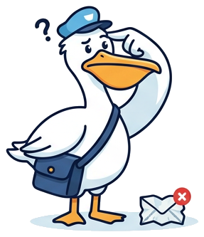 The pelican scratching its head next to an envelope marked with a red cross.